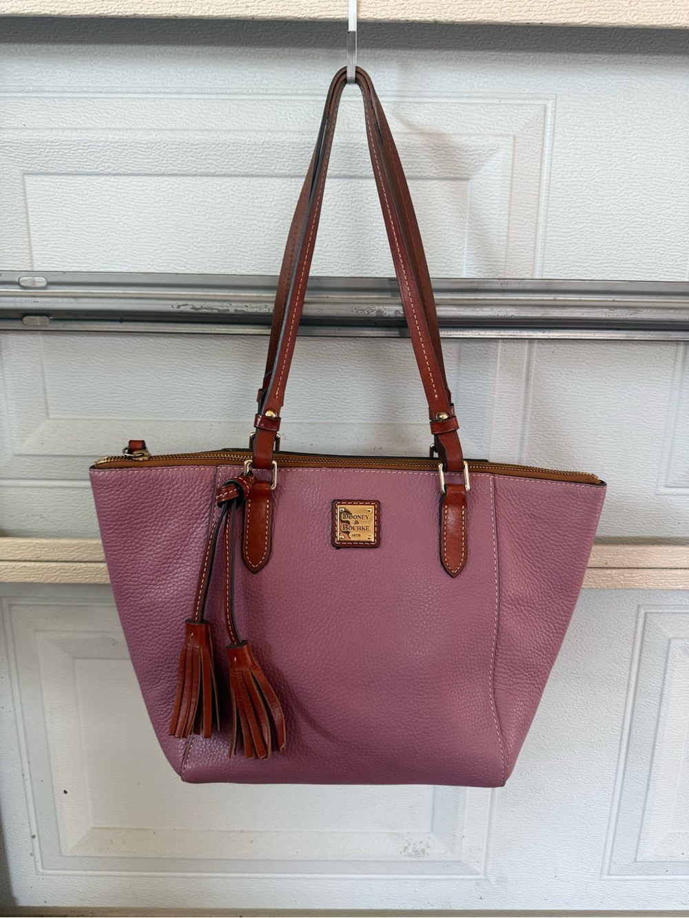 Dooney & Bourke Mauve Pebbled Leather Tote with Brown Trim